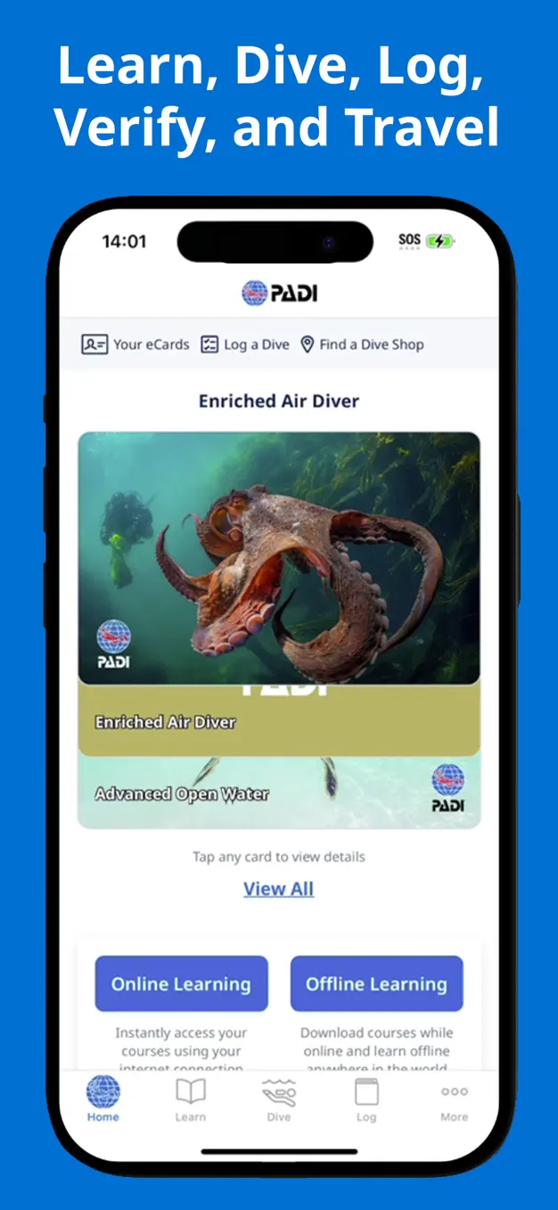 PADI app home screen