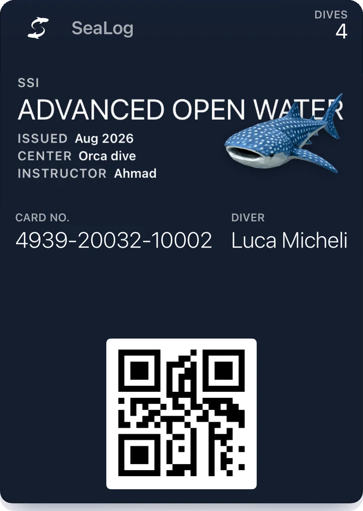 SSI Advanced Open Water certification card in SeaLog