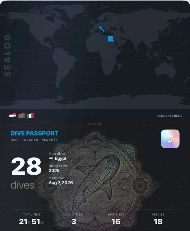 The SeaLog holographic Dive Passport, showing 28 dives across 3 countries