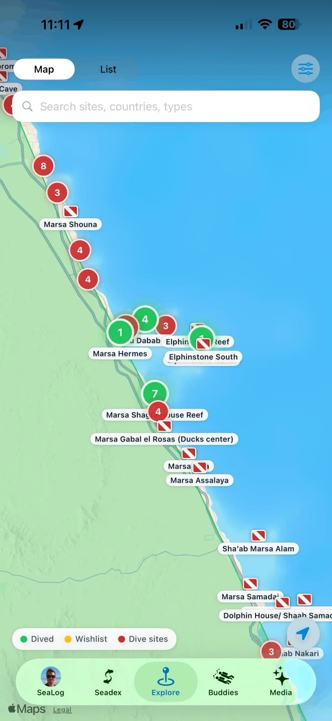 SeaLog explore map with dive site clusters, dived pins and wishlist