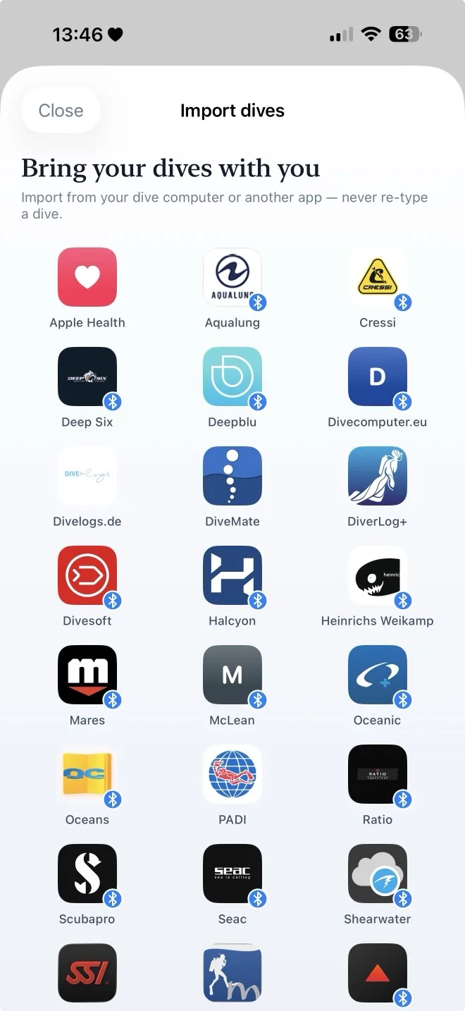 SeaLog import screen showing every supported dive computer brand and app