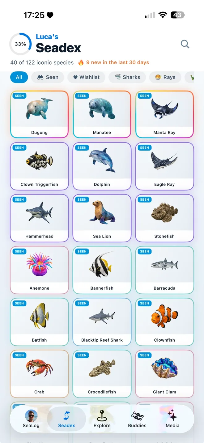 The SeaLog Seadex grid, 40 of 122 species collected, each card marked seen